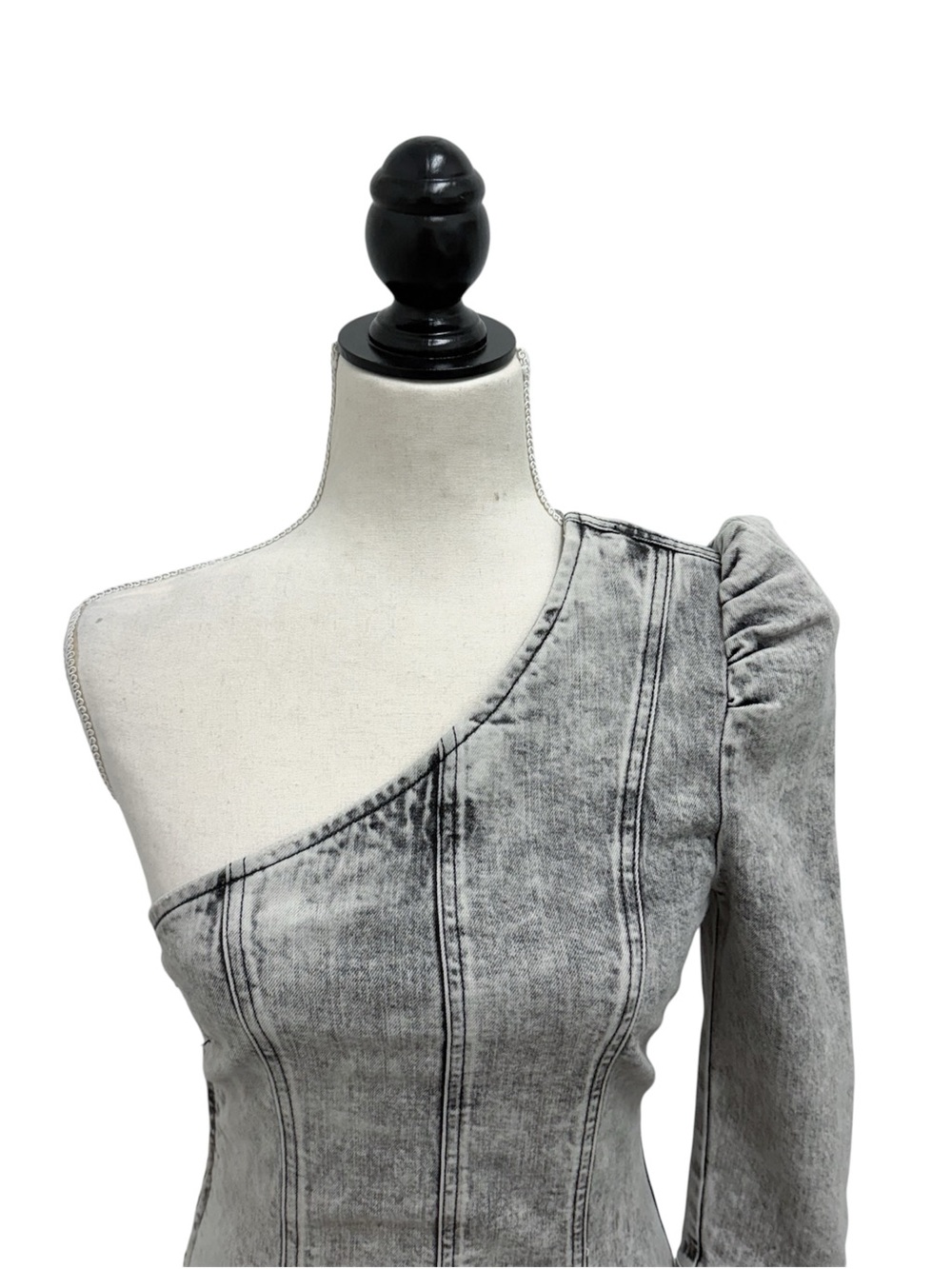 Retrofete Moira Light Grey Acid Wash Denim One 3/4 Puff Sleeve Top Small - Picture 2 of 11